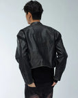 WHISTLEHUNTER Distressed Cropped Faux Leather Biker Jacket Black