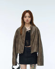 WHISTLEHUNTER Distressed Cropped Faux Leather Biker Jacket Brown