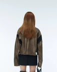 WHISTLEHUNTER Distressed Cropped Faux Leather Biker Jacket Brown